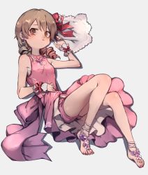 Rule 34 | 1girl, bad id, bad twitter id, bare legs, bare shoulders, barefoot, blush, bow, breasts, brown eyes, commentary, dress, dress bow, drill hair, earrings, from above, full body, hair bow, hand on own stomach, highres, idolmaster, idolmaster cinderella girls, jewelry, leaning back, light brown hair, looking at viewer, morikubo nono, nail polish, pink dress, pink nails, ringlets, shorts under dress, simple background, sitting, sleeveless, sleeveless dress, small breasts, solo, toenail polish, toenails, white background, yoyoyo (dxayo)