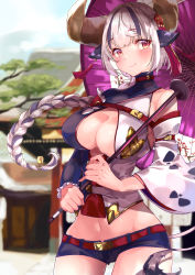 Rule 34 | 1girl, black hair, braid, breasts, center opening, chinese zodiac, cow girl, cow tail, cowboy shot, highres, horns, medium breasts, midriff, multicolored hair, navel, orange eyes, original, outdoors, risumi (taka-fallcherryblossom), short shorts, shorts, smile, solo, tail, tree, two-tone hair, umbrella, white hair, year of the ox