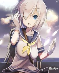 Rule 34 | 10s, 1girl, amripo, blue eyes, breasts, commentary request, female focus, gloves, hair ornament, hair over one eye, hairclip, hamakaze (kancolle), kantai collection, large breasts, looking at viewer, open mouth, school uniform, serafuku, short hair, solo, white gloves, white hair