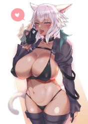 Rule 34 | 1girl, alternate breast size, animal ears, arm at side, bikini, black bikini, black choker, black gloves, blue eyes, breasts, cat ears, cat tail, choker, dark-skinned female, dark skin, facial mark, feather hair ornament, feathers, fellatio, fellatio gesture, final fantasy, final fantasy xiv, gloves, hair ornament, highres, jacket, large breasts, long sleeves, looking at viewer, miqo&#039;te, navel, open mouth, oral, partially fingerless gloves, saliva, saliva trail, sexually suggestive, simple background, simulated fellatio, solo, standing, swimsuit, tail, tinnies, tongue, tongue out, twitter username, whisker markings, white hair, wide hips, y&#039;shtola rhul