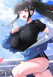 Rule 34 | 1girl, absurdres, black hair, black shirt, blue archive, blunt bangs, blush, breasts, buruma, confetti, hair ornament, hairclip, halo, highres, jacket, large breasts, long hair, one eye closed, open mouth, outdoors, partially unzipped, ponytail, red eyes, rio (blue archive), running, shirt, short sleeves, solo, sweat, track jacket, very long hair, yuki (asayuki101), yuuka (blue archive), yuuka (track) (blue archive)