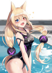 Rule 34 | 1girl, :d, animal ears, armband, bare arms, bare shoulders, black one-piece swimsuit, blonde hair, blue eyes, blush, breasts, collarbone, commentary request, competition swimsuit, dog ears, eyes visible through hair, fang, g41 (girls&#039; frontline), girls&#039; frontline, hair ornament, happy, heterochromia, highres, indoors, leaning forward, long hair, looking at viewer, multicolored clothes, multicolored eyes, multicolored swimsuit, one-piece swimsuit, open mouth, outstretched arms, pool, purple one-piece swimsuit, red eyes, shiny clothes, shiny skin, shirosaba, small breasts, smile, solo, sparkle, sparkle background, swimsuit, tagme, thighs, tongue, twintails, very long hair, water, wet, wet clothes, wet swimsuit