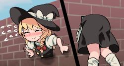 Rule 34 | 1girl, ass, black eyes, black headwear, black skirt, black vest, blonde hair, blush, bow, braid, brick wall, commentary request, cookie (touhou), flying sweatdrops, hair bow, hat, hat bow, johnsmith, kirisame marisa, long hair, looking at viewer, multiple views, open mouth, puffy short sleeves, puffy sleeves, red bow, short sleeves, side braid, single braid, skirt, socks, star (symbol), stuck, suzu (cookie), sweatdrop, teeth, through wall, touhou, trembling, upper body, upper teeth only, v-shaped eyebrows, vest, wall, white bow, white legwear, witch hat