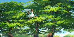Rule 34 | 1girl, angel, angel wings, barefoot, brown hair, day, dress, flying, green theme, halo, happy, highres, leaf, long hair, nature, open mouth, original, outdoors, potg (piotegu), running, signature, sleeveless, sleeveless dress, strap, tree, white dress, wings