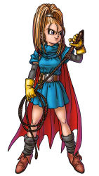 Rule 34 | 1girl, absurdres, barbara (dq6), belt, boots, cape, dragon quest, dragon quest vi, earrings, elbow gloves, female focus, forehead, full body, gloves, high ponytail, highres, jewelry, legs, long hair, official art, orange hair, ponytail, simple background, skirt, solo, standing, thighs, toriyama akira, whip