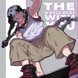 1boy arm_up beanie bito_daisukenojo blonde_hair blue_eyes brown_pants chain chain_necklace clenched_teeth copyright_name hat hat_ornament highres jewelry male_focus necklace ohji130 pants red_tank_top short_hair skateboarding skull_hat_ornament solo subarashiki_kono_sekai tank_top teeth wallet_chain white_tank_top