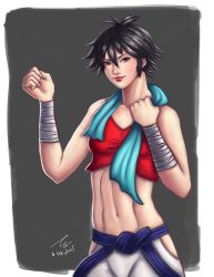 Rule 34 | 1girl, absurdres, bad id, bad pixiv id, black hair, breasts, brown eyes, dougi, highres, lips, makoto (street fighter), midriff, navel, nose, short hair, small breasts, smile, solo, sports bra, street fighter, toned, towel, towel around neck, wrist wrap, yu (sgyu)