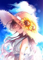 Rule 34 | 1girl, blue sky, blush, brown hair, closed mouth, cloud, dress, closed eyes, flower, hat, highres, long hair, mole, original, outdoors, profile, sky, sleeveless, sleeveless dress, smile, solo, spide r (mxpm3455), straw hat, sun hat, sundress, sunflower, white dress, yellow flower