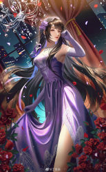 Rule 34 | 1girl, absurdres, brown hair, chandelier, curtains, ding ju biao, dress, duanmu rong (qin shi ming yue), flower, gloves, highres, holding, holding clothes, holding skirt, long hair, night, petals, purple dress, qinshi mingyue, rose, skirt, smile, weibo logo, weibo watermark