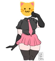 Rule 34 | 1girl, :3, arm at side, arms up, artist name, black shirt, black thighhighs, breasts, christina guo, collared shirt, commentary, emoji, english commentary, highres, legs together, looking at viewer, medium breasts, miniskirt, nyah (christina guo), original, paw pose, pink neckwear, pink skirt, pleated skirt, shirt, short sleeves, simple background, skirt, solo, standing, thick thighs, thighhighs, thighs, white background, wing collar, zettai ryouiki