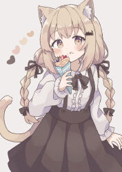 Rule 34 | 1girl, absurdres, animal ear fluff, animal ears, black ribbon, blonde hair, blush, braid, brown eyes, cat ears, cat tail, collared shirt, colon br, cowboy shot, cream, cream on face, crepe, dot nose, food, food on face, fruit, hair ornament, hair ribbon, hairclip, heart, highres, licking lips, long sleeves, looking at viewer, original, pleated skirt, ribbon, shirt, sidelocks, simple background, skirt, solo, strawberry, suspender skirt, suspenders, tail, tongue, tongue out, twin braids, white background, white shirt