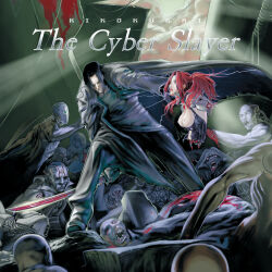 Rule 34 | 1girl, 6+boys, album cover, amputee, black coat, black hair, blood, blood from mouth, bloody tears, bloody weapon, breasts, carrying, carrying person, chuuou higashiguchi, cloud, coat, copyright name, cover, cyborg, guro, highres, holding, holding sword, holding weapon, katana, kikokugai, kong taoluo, long hair, medium breasts, monster, multiple boys, official art, open clothes, open coat, ponytail, quadruple amputee, red hair, science fiction, sky, sword, weapon, zhu shaoyan