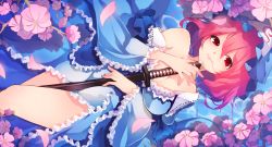 Rule 34 | 1girl, absurdres, bare shoulders, blue dress, blue hat, breasts, chiroru (cheese-roll), cleavage, commentary request, dress, flower, hair between eyes, hair in own mouth, hat, highres, holding, holding sword, holding weapon, katana, long sleeves, medium breasts, mob cap, off shoulder, petals, pink flower, pink hair, red eyes, saigyouji yuyuko, sheath, short hair, sideways, solo, sword, thighs, touhou, triangular headpiece, weapon, wide sleeves