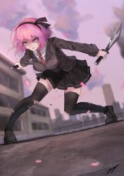 Rule 34 | 1girl, absurdres, assassin, bad id, bad pixiv id, black footwear, black hairband, black jacket, black skirt, black suit, breasts, building, cloud, commentary, diagonal stripes, dual wielding, english commentary, erospanda, evening, formal, full body, hair between eyes, hairband, highres, holding, holding knife, jacket, knife, long sleeves, looking at viewer, medium breasts, necktie, original, outdoors, petals, pink eyes, pink hair, pink necktie, pink petals, pleated skirt, railing, shirt, short hair, signature, skirt, solo, standing, striped, suit, sunlight, thighhighs, torn clothes, torn thighhighs, white shirt, zettai ryouiki