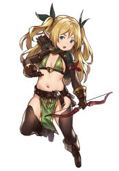 Rule 34 | 1girl, arrow (projectile), black bow, blonde hair, blue eyes, bow, bow (weapon), bra, brown footwear, brown gloves, brown thighhighs, child, elf, flat chest, full body, gloves, green bra, hair bow, highres, holding, holding bow (weapon), holding weapon, houtengeki, long hair, looking at viewer, navel, original, parted lips, pelvic curtain, pointy ears, quiver, shoulder pads, simple background, solo, standing, standing on one leg, thighhighs, two side up, underwear, weapon, white background