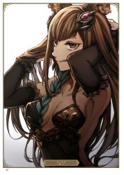 Rule 34 | 1girl, :q, animal ears, armpits, artist name, artist request, black gloves, breasts, brown eyes, brown hair, card (medium), character name, cleavage, collarbone, elbow gloves, frilled gloves, frills, gloves, granblue fantasy, hair ornament, hands in hair, highres, long hair, medium breasts, metera (granblue fantasy), mole, mole under mouth, page number, sideboob, solo, strapless, tongue, tongue out, upper body, very long hair, white background