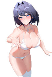 Rule 34 | 1girl, bare shoulders, bikini, blue eyes, blue hair, blush, bow, bow earrings, breasts, bridal veil, cleavage, collarbone, earrings, hair intakes, hair ornament, highres, hololive, hololive english, jewelry, large breasts, lessone, looking at viewer, nail polish, ouro kronii, short hair, skirt, smile, solo, swimsuit, thighhighs, veil, virtual youtuber, white background, white bikini