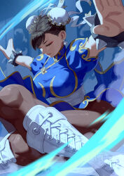 Rule 34 | blue dress, boots, bracelet, breasts, bun cover, capcom, china dress, chinese clothes, chun-li, closed eyes, cross-laced footwear, crossed legs, double bun, dress, eyeliner, fighting stance, hair bun, hair pulled back, highres, jewelry, kung fu, makeup, medium breasts, outstretched arms, pantyhose, red eyeliner, sash, spiked bracelet, spikes, street fighter, street fighter ii (series), thick thighs, thighs, white footwear, yagi2013