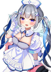 Rule 34 | 1girl, alternate breast size, amane kanata, amane kanata (nurse), apron, between breasts, blue eyes, blue hair, blush, breasts, cleavage, collar, detached collar, dress, frilled apron, frills, gloves, grey dress, grey hair, grey skirt, hair ornament, hat, highres, hololive, id card, large breasts, multicolored hair, nurse, nurse cap, open mouth, pantyhose, pink hair, puffy short sleeves, puffy sleeves, ryamuchan, short sleeves, skirt, skirt set, smile, streaked hair, virtual youtuber, white apron, white collar, white gloves, white hat, white pantyhose, wing collar, x hair ornament