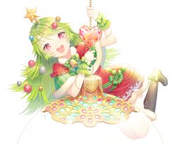 Rule 34 | 1girl, :d, bauble, beads, bell, black footwear, boots, bow, bowtie, capelet, christmas, christmas ornaments, cross-laced footwear, dress, full body, fur trim, green bow, green bowtie, green hair, hair ornament, heart, holding, jewelry, long hair, looking at viewer, open mouth, original, plaid, red dress, red eyes, ribbon, ribbon-trimmed clothes, ribbon trim, saban, simple background, smile, solo, star (symbol), striped bow, striped bowtie, striped clothes, striped neckwear, striped ribbon, swept bangs, teeth, white background, wrist cuffs