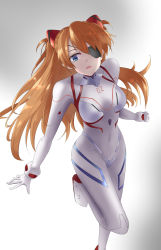 Rule 34 | 1girl, absurdres, blue eyes, bodysuit, breasts, brown hair, covered navel, cowboy shot, dutch angle, evangelion: 3.0+1.0 thrice upon a time, expressionless, eyepatch, hair ornament, hair over one eye, highres, interface headset, jumping, long hair, looking at viewer, medium breasts, neon genesis evangelion, open mouth, pilot suit, plugsuit, rebuild of evangelion, shirogane (shirogane eishi), simple background, skin tight, solo, souryuu asuka langley, standing, standing on one leg, very long hair, white background, white bodysuit