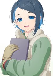 Rule 34 | 1girl, :d, asamura hiori, black hair, blue eyes, blue hair, brown gloves, brown vest, commentary request, gloves, green shirt, gundam, gundam suisei no majo, highres, long sleeves, looking at viewer, multicolored hair, nika nanaura, hugging object, open mouth, puffy long sleeves, puffy sleeves, round teeth, shirt, simple background, smile, solo, teeth, two-tone hair, upper body, upper teeth only, vest, white background