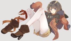 Rule 34 | 1girl, :o, ankle boots, beige shorts, black shirt, blue eyes, blush, boots, brown footwear, brown hair, grey background, hands in opposite sleeves, high heel boots, high heels, hood, hoodie, looking at viewer, nekomegane, open mouth, original, pantyhose, shirt, short hair, short shorts, shorts, simple background, sitting, sleeves past wrists, solo, thighs, tights day, white pantyhose