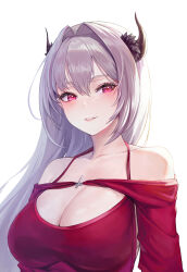 Rule 34 | 1girl, absurdres, bare shoulders, breasts, bright pupils, cleavage, grey hair, grin, hair intakes, halterneck, highres, horns, large breasts, long hair, long sleeves, looking at viewer, mute (mute89539160), off shoulder, original, pink eyes, pink shirt, pointy ears, shirt, simple background, smile, solo, spaghetti strap, upper body, white background