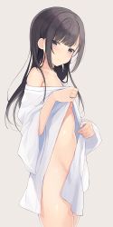Rule 34 | 1girl, bare shoulders, breasts, brown hair, expressionless, highres, hiroki (yyqw7151), japanese clothes, kimono, light blush, long hair, long sleeves, looking at viewer, miko, navel, original, simple background, small breasts, solo, underboob, undressing, white kimono