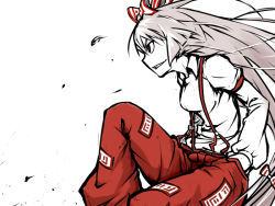 Rule 34 | 1girl, bad id, bad pixiv id, bow, evil grin, evil smile, face, female focus, fujiwara no mokou, grin, hair bow, hands in pockets, lie-lilac, long hair, ofuda, pale skin, pants, profile, red eyes, silver hair, simple background, smile, solo, suspenders, touhou, very long hair