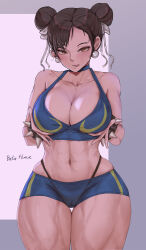 Rule 34 | 1girl, artist name, beta hime, blush, bracelet, breast hold, breasts, brown hair, capcom, chun-li, cleavage, collarbone, double bun, ear piercing, earrings, female focus, grabbing own breast, hair bun, highres, jewelry, large breasts, licking lips, looking at viewer, navel, piercing, solo, spiked bracelet, spikes, standing, stomach, street fighter, thick thighs, thighs, thong, tongue, tongue out, underwear, wide hips, yellow eyes