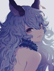 Rule 34 | 1girl, animal ears, bad id, bad pixiv id, bare shoulders, blue hair, blurry, blurry background, bright pupils, brown eyes, commentary request, dated, depth charge, detached collar, earrings, erune, eyelashes, ferry (granblue fantasy), from behind, granblue fantasy, jewelry, long hair, looking at another, looking at viewer, looking back, minyom, signature, solo, upper body
