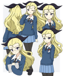 Rule 34 | 1girl, :o, ;o, adjusting eyewear, arms behind back, assam (girls und panzer), bespectacled, black footwear, black neckwear, black pantyhose, black ribbon, blonde hair, blue eyes, blue skirt, blue sweater, closed mouth, commentary request, cropped torso, dress shirt, emblem, girls und panzer, glasses, grey background, hair pulled back, hair ribbon, highres, holding, holding tablet pc, ichinose jun, loafers, long hair, long sleeves, looking at viewer, miniskirt, necktie, one eye closed, pantyhose, parted lips, pleated skirt, ribbon, school uniform, shirt, shoes, simple background, skirt, smile, st. gloriana&#039;s (emblem), st. gloriana&#039;s school uniform, standing, sweater, tablet pc, v-neck, white shirt, wing collar