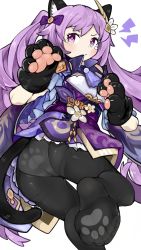Rule 34 | 1girl, absurdres, animal ears, animal hands, artist request, ass, blush, cat ears, cat paws, cat tail, dress, from behind, genshin impact, hair ornament, highres, keqing (genshin impact), long hair, looking at viewer, looking back, panties, panties under pantyhose, pantyhose, purple eyes, purple hair, short dress, skirt, solo, tail, teardrops, tears, twintails, underwear, very long hair