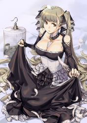 Rule 34 | 1girl, absurdly long hair, absurdres, azur lane, bare shoulders, between breasts, birdcage, black skirt, breasts, brown eyes, cage, cleavage, closed mouth, clothing cutout, feathers, formidable (azur lane), grey hair, hair spread out, highres, large breasts, long hair, long skirt, long sleeves, looking at viewer, necktie, necktie between breasts, ruukii drift, seiza, shoulder cutout, sitting, skirt, skirt hold, solo, twintails, very long hair