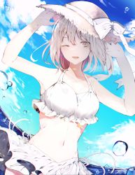 Rule 34 | 1girl, absurdres, alternate costume, bad id, bad pixiv id, bare shoulders, bikini, bikini top only, blue sky, breasts, cleavage, cloud, collarbone, commentary, day, fate/grand order, fate (series), frilled bikini, frilled skirt, frilled swimsuit, frills, grey eyes, hair between eyes, hat, hat ribbon, highres, koha-ace, leo (feeling goooood), looking at viewer, medium breasts, navel, ocean, okita souji (fate), okita souji (koha-ace), one eye closed, open mouth, outdoors, platinum blonde hair, ribbon, silver hair, skirt, sky, smile, solo, standing, stomach, straw hat, sun hat, swimsuit, swimsuit skirt, water drop, white skirt