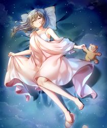 Rule 34 | 1girl, absurdres, bed sheet, closed eyes, full body, highres, huge filesize, medium hair, nail polish, open mouth, original, pajamas, pillow, pink nails, pudding (skymint 028), sleeping, sleeveless, slippers, solo, stuffed animal, stuffed toy, teddy bear
