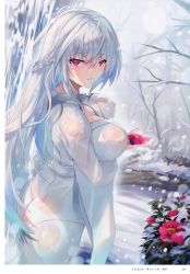 Rule 34 | 1girl, absurdres, artist name, ass, braid, breasts, flower, highres, holding, inoue takuya (tactactak), large breasts, long hair, looking at viewer, original, outdoors, page number, parted lips, scan, see-through, snowing, solo, white hair, white theme