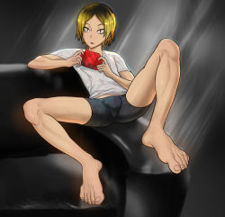 Rule 34 | 10s, 1boy, anma (ryuichi87), barefoot, blonde hair, blush, bulge, couch, feet, haikyuu!!, highres, kozume kenma, male focus, multicolored hair, playing games, solo, spread legs, toes, underwear, video game