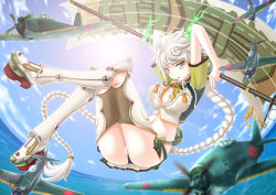 Rule 34 | 10s, 1girl, aircraft, aircraft carrier, airplane, antlers, arms behind head, braid, breasts, brown eyes, cleavage cutout, clothing cutout, cloud print, female focus, floating, green thighhighs, hair ornament, horns, jitome, kantai collection, large breasts, long hair, looking at viewer, mecha musume, midriff, military, military vehicle, miniskirt, ocean, open mouth, panties, pantyshot, pleated skirt, ship, silver hair, single braid, skirt, sky, solo, thighhighs, thighs, underwear, unryuu (kancolle), upskirt, v k, very long hair, warship, watercraft, wavy hair, zettai ryouiki