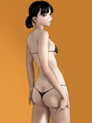 Rule 34 | 1girl, absurdres, ass, ass support, bikini, black bikini, black eyes, black hair, breasts, butt crack, closed mouth, commentary request, from behind, hat, highres, hiramedousa, looking at viewer, looking back, orange background, original, short hair, short twintails, small breasts, solo, standing, swimsuit, twintails