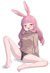 Rule 34 | 1girl, :d, animal ears, bare legs, barefoot, black panties, breasts, brown eyes, brown sweater, feet, full body, hair ornament, hair scrunchie, heart, heart-shaped pupils, highres, light blush, long hair, long sleeves, medium breasts, naughty face, no pants, open mouth, original, panties, pink hair, pussy juice, rabbit ears, rabbit girl, red scrunchie, saiste, scrunchie, simple background, sitting, smile, solo, spread legs, sweater, symbol-shaped pupils, toes, turtleneck, turtleneck sweater, underwear, white background