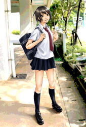 Rule 34 | bag, brown hair, legs, necktie, original, road, sakebuotoko, school uniform, serafuku, shoes, short hair, skirt, smile, solo