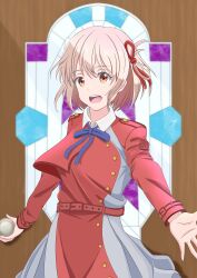 Rule 34 | 1girl, absurdres, blonde hair, blue ribbon, collared dress, commentary, cowboy shot, door, dress, grey dress, hair ribbon, highres, long sleeves, looking at viewer, lycoris recoil, lycoris uniform, neck ribbon, nishikigi chisato, pleated dress, red dress, red eyes, red ribbon, ribbon, short hair, solo, standing, tenma no atelier, two-tone dress