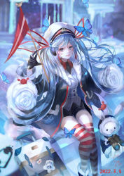 Rule 34 | 1girl, 2022, :d, absurdres, black coat, black gloves, black necktie, black shorts, blue hair, blurry, blurry background, brown eyes, bug, butterfly, coat, collared shirt, dated, floating hair, gloves, grey vest, hair between eyes, hat, hatsune miku, highres, insect, long hair, long sleeves, looking at viewer, necktie, open clothes, open coat, open mouth, rabbit yukine, red lips, rolling suitcase, seisaiminty, shirt, short shorts, shorts, signature, sitting, smile, solo, striped clothes, striped thighhighs, suitcase, thigh gap, thighhighs, twintails, very long hair, vest, vocaloid, white hat, white shirt, wing collar, yuki miku, yuki miku (2022), zettai ryouiki