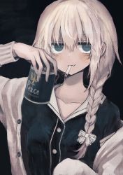Rule 34 | 1girl, @ @, bad id, bad pixiv id, black background, blonde hair, blue eyes, blush, bow, braid, buttons, cardigan, cigarette, cigarette pack, cigatsuro, collarbone, commentary, fang, hair between eyes, hair bow, hair over shoulder, holding, jitome, long hair, long sleeves, looking at viewer, mouth hold, original, peace (cigarette), product placement, shirt, single braid, smoking, solo, upper body