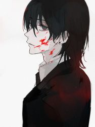 Rule 34 | 1boy, black hair, black jacket, blood, blood on face, blood splatter, blue eyes, chainsaw man, collared shirt, earrings, ebanoniwa, from side, hayakawa aki, highres, jacket, jewelry, looking at viewer, looking to the side, male focus, medium hair, parted lips, shirt, simple background, solo, stud earrings, upper body, white background, wing collar