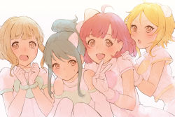 Rule 34 | 4girls, :o, ahoge, bare shoulders, blonde hair, blush, bow, braid, brown hair, cheek-to-cheek, detached sleeves, dress, ekao, gloves, green hair, group picture, hair bow, hair ornament, hand on another&#039;s shoulder, hands up, heads together, heart, idol, kasukabe haru, long sleeves, looking at viewer, midriff, multiple girls, nervous, nonohara hime, open mouth, peace symbol, ponytail, pout, red hair, serizawa momoka, shirt, short hair, short sleeves, simple background, smile, surprised, sweatdrop, tearing up, tears, tokyo 7th sisters, tsunomori rona, updo, v, white background, white dress, white gloves, white shirt