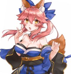 Rule 34 | 10s, 1girl, animal ear fluff, animal ears, bad id, bad pixiv id, bare shoulders, blue bow, blue kimono, blush, bow, breasts, brown eyes, cleavage, commentary request, detached sleeves, fang, fate/extra, fate (series), fingernails, fox ears, fox girl, fox shadow puppet, fox tail, hair between eyes, hair bow, japanese clothes, kimono, large breasts, long hair, long sleeves, looking at viewer, obi, open mouth, pink hair, sash, shiao, sidelocks, simple background, solo, strapless, tail, tail raised, tamamo (fate), tamamo no mae (fate/extra), twintails, white background, wide sleeves