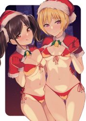 Rule 34 | 2girls, absurdres, asymmetrical docking, bikini, black hair, blonde hair, breast press, breasts, brown eyes, capelet, closed mouth, commentary request, eyes visible through hair, front-tie top, fur-trimmed capelet, fur-trimmed gloves, fur-trimmed headwear, fur trim, gloves, highres, houmatu awa, idolmaster, idolmaster shiny colors, looking at viewer, medium breasts, mistletoe, multiple girls, navel, outside border, purple eyes, red bikini, red capelet, red gloves, red headwear, saijo juri, short hair, side-tie bikini bottom, small breasts, sonoda chiyoko, standing, swimsuit, thigh gap, tongue, tongue out, twintails